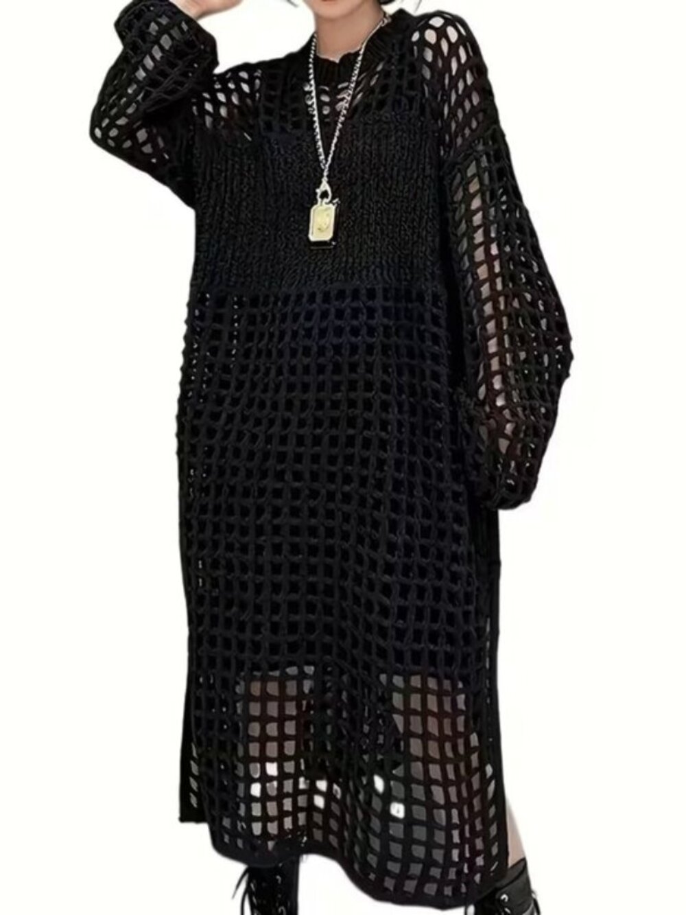 Open Knit Hollow Long Sweater Dress - Picture 1 of 5